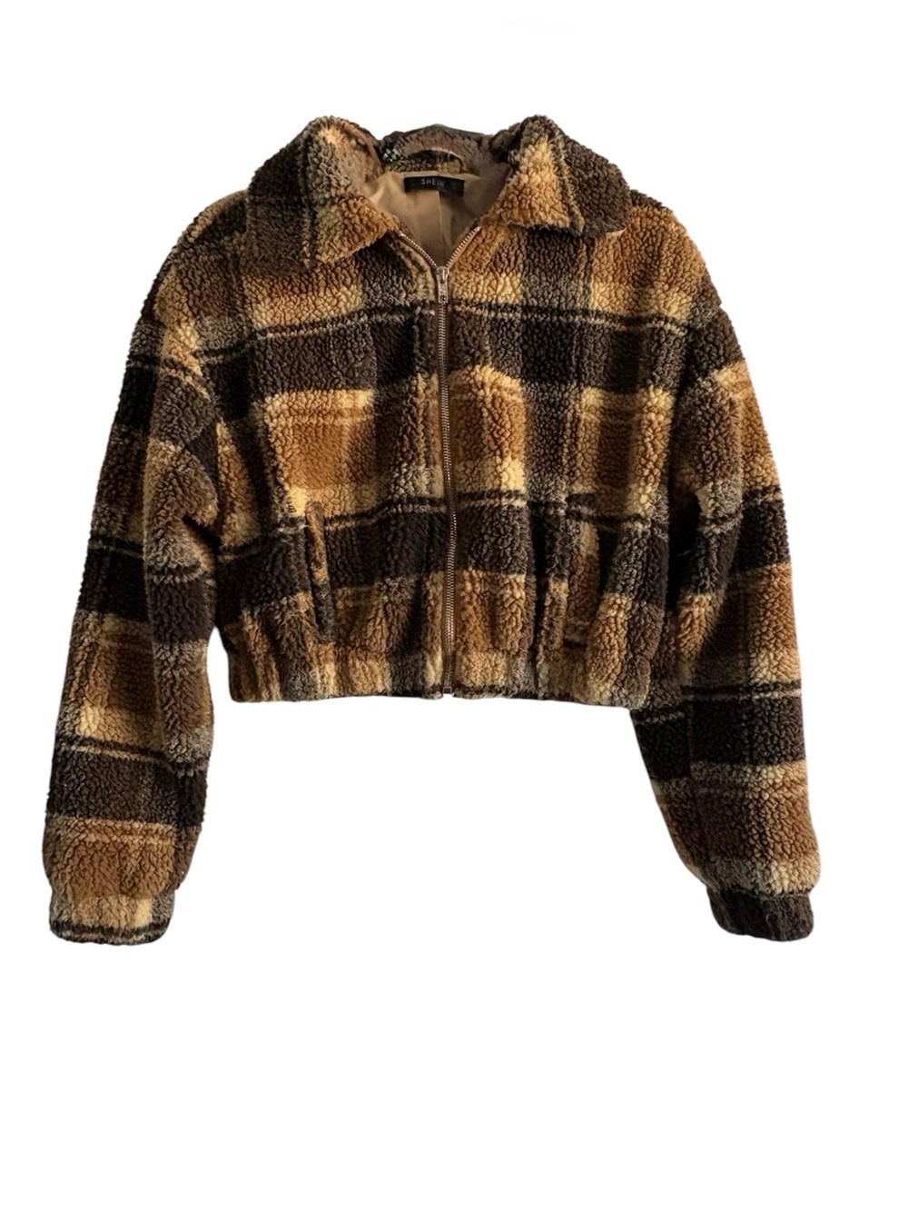 SHEIN Brown & Tan Plaid Teddy Sherpa Zip Jacket